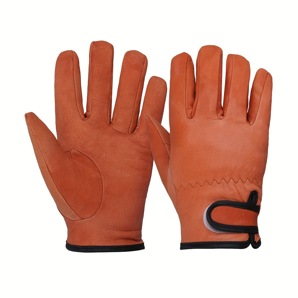 Gants cuir homme orange, fermeture scratch visible
