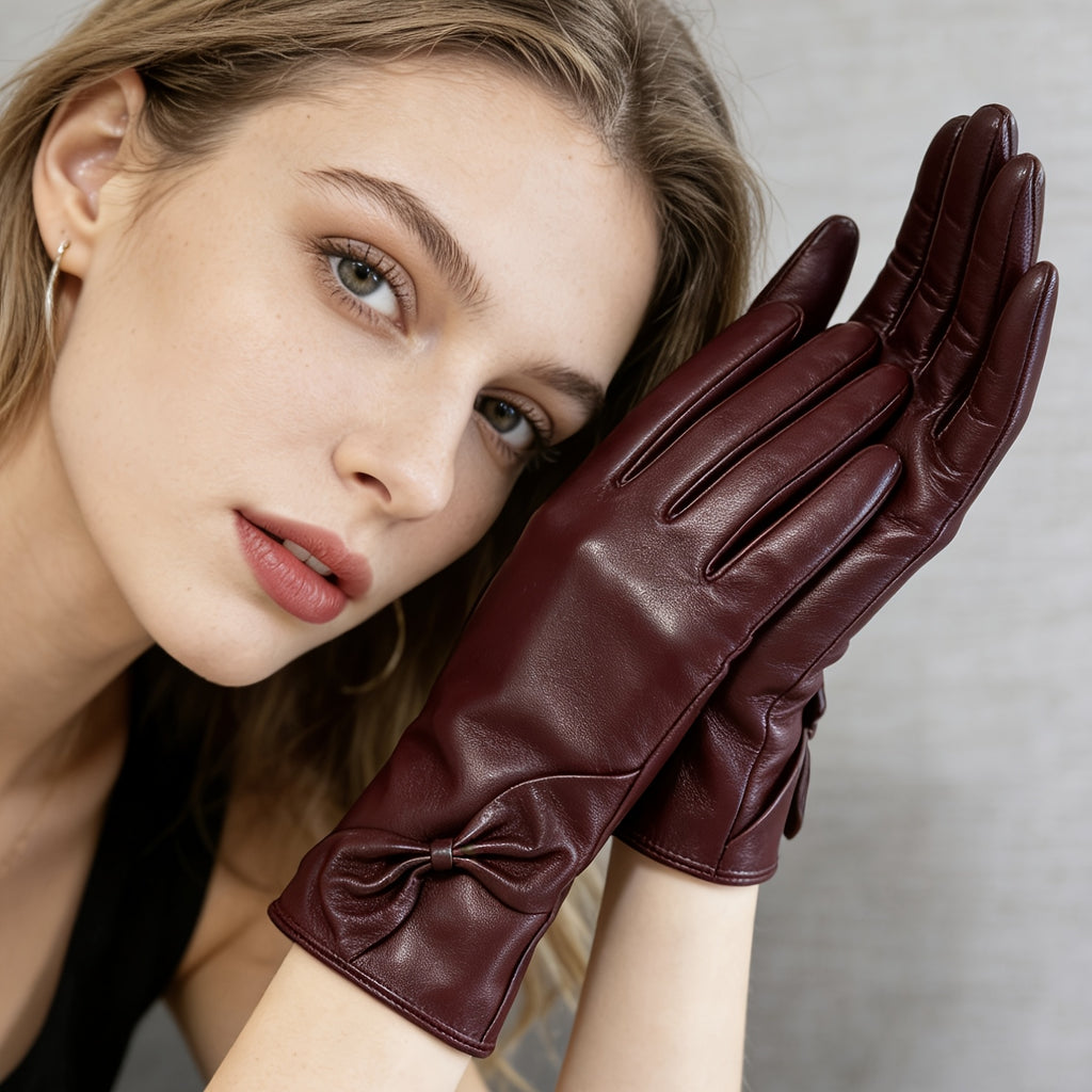 Gants femme cuir vin rouge, nœud décoratif