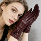 Gants femme cuir vin rouge, nœud décoratif