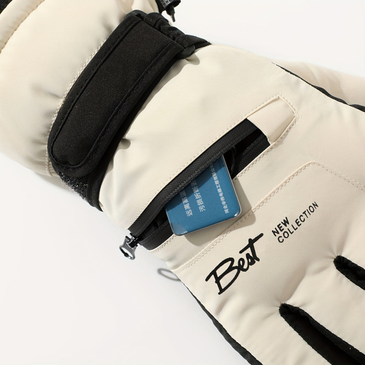 Gants de ski blanc cassé, poche zippée sur le dessus de la main