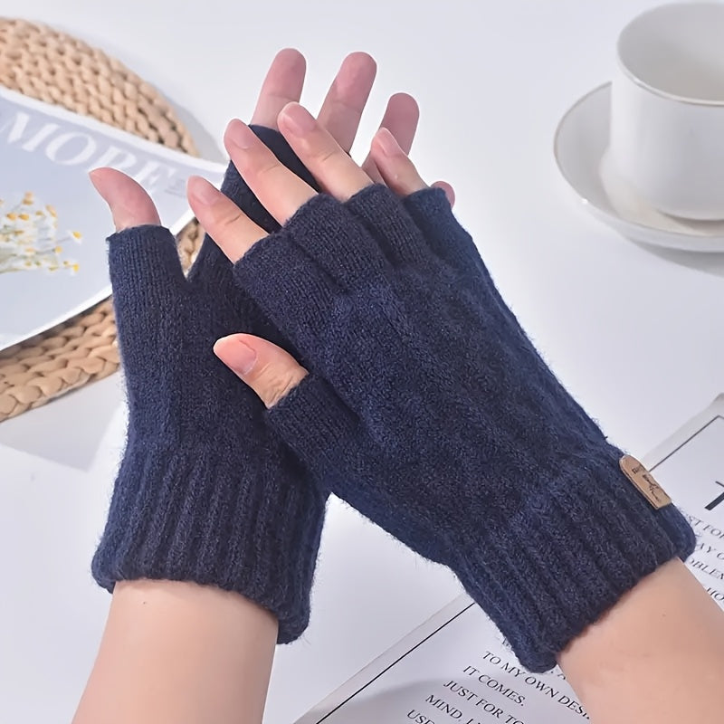 Mitaine femme marine demi-doigts en cachemire, motif rayé