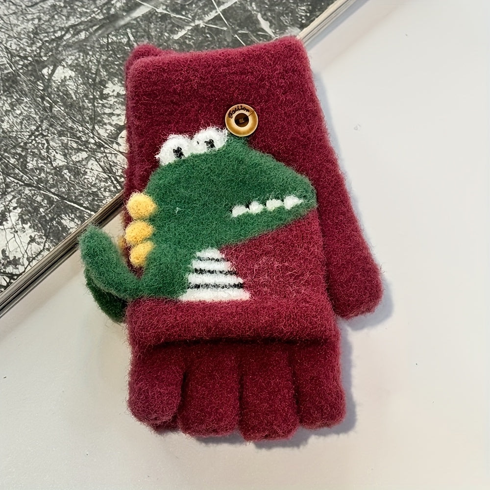 Gants enfant coloris bordeaux, motif dinosaure