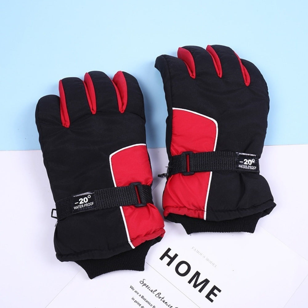 Gants de ski enfant coloris rouge et noir, sangle de serrage
