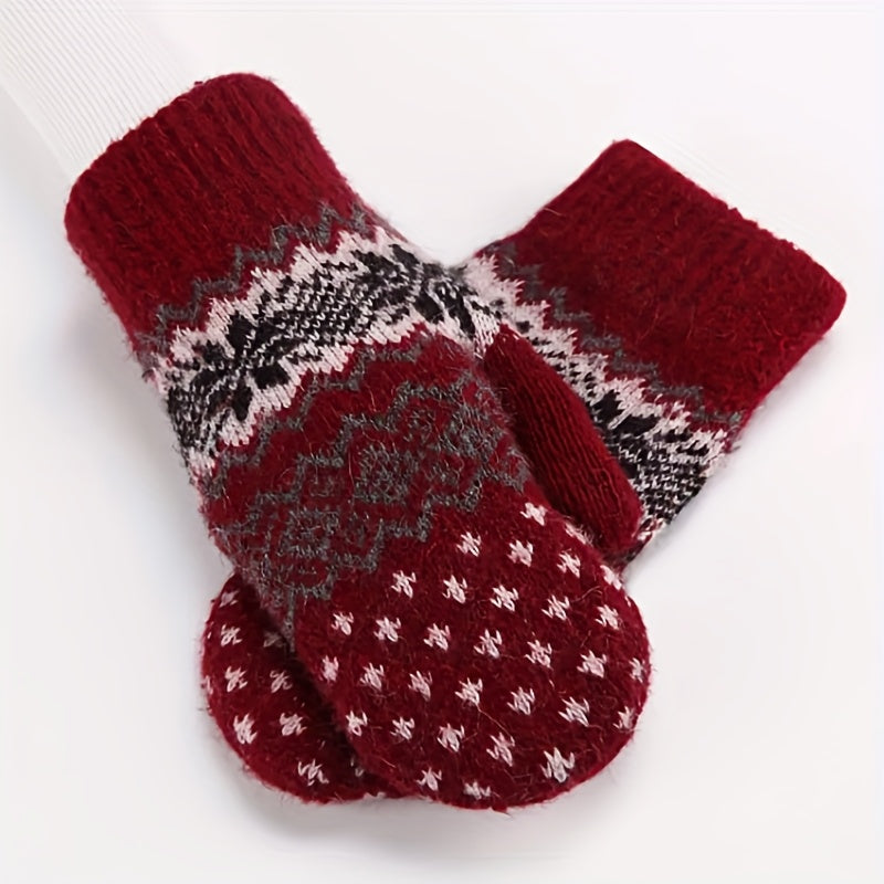 Moufle femme rouge, motif nordique, poignet élastique