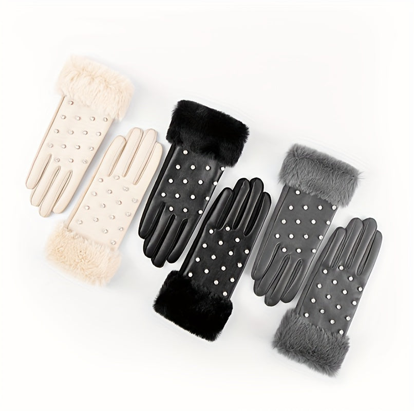 Gants femme similicuir noir et brun, bordure fausse fourrure