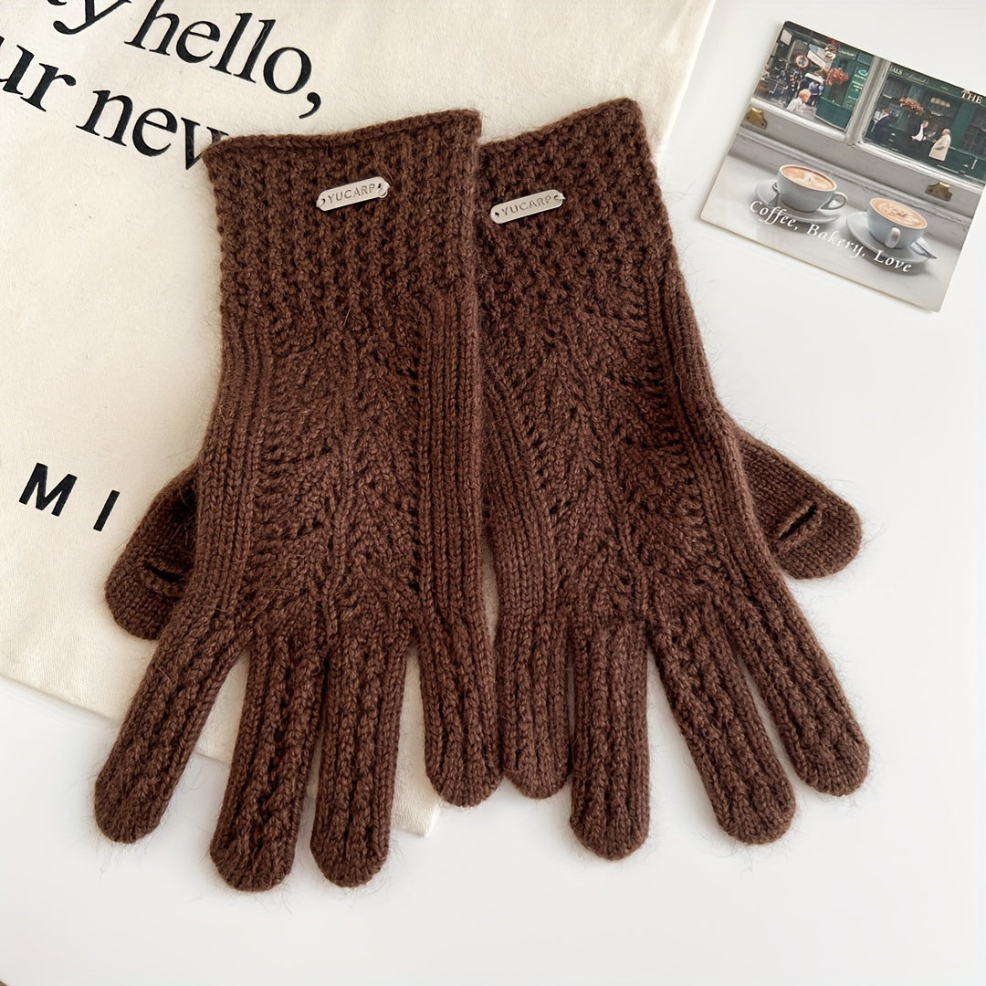 Gant femme en laine crochetée café, motif ajouré