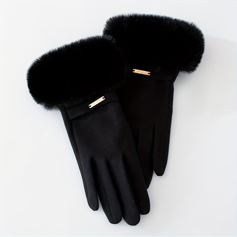 Gants femme coloris noir, col fausse fourrure