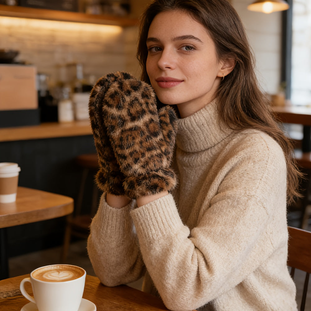 Moufle femme léopard, vue de la paire complète