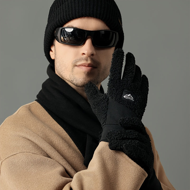 Gants bicolores noirs portés, doublure polaire au dos de la main