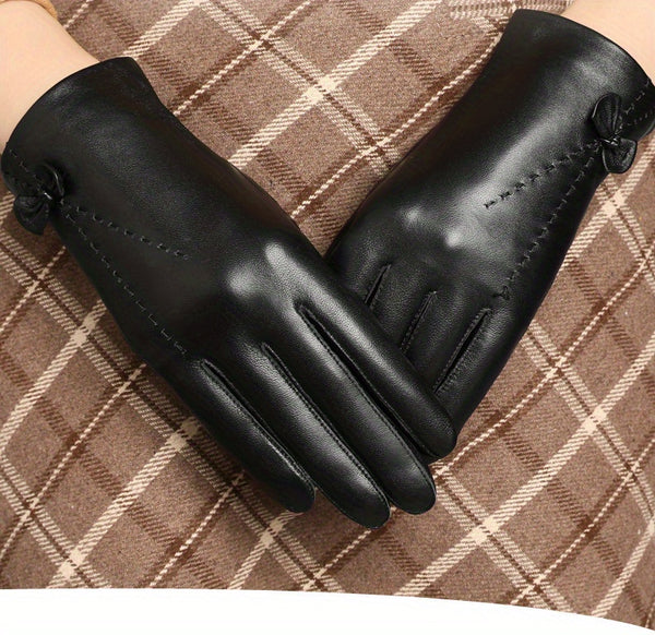 Gants femme en peau de mouton noir, coutures piquées et nœud