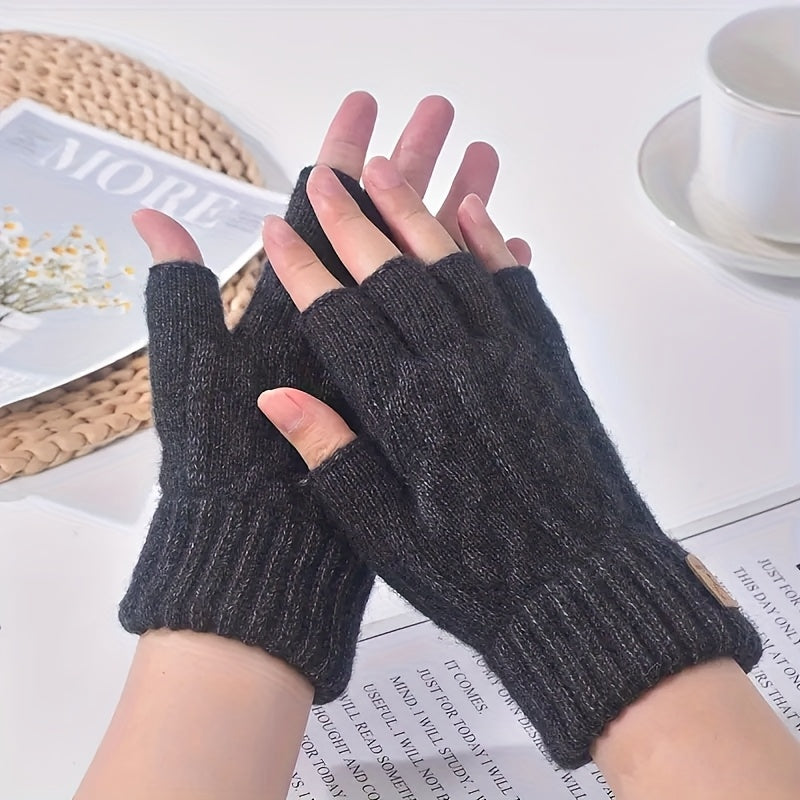 Mitaine femme gris foncé demi-doigts en cachemire, motif rayé