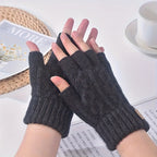 Mitaine femme gris foncé demi-doigts en cachemire, motif rayé