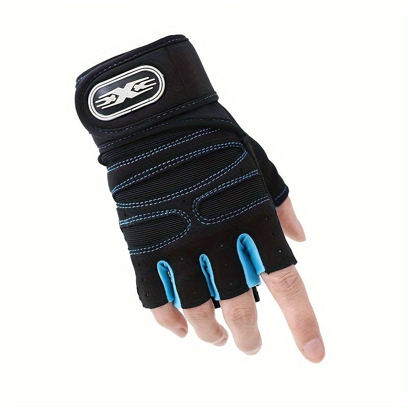 Gant de vélo demi-doigts noir et bleu, porté
