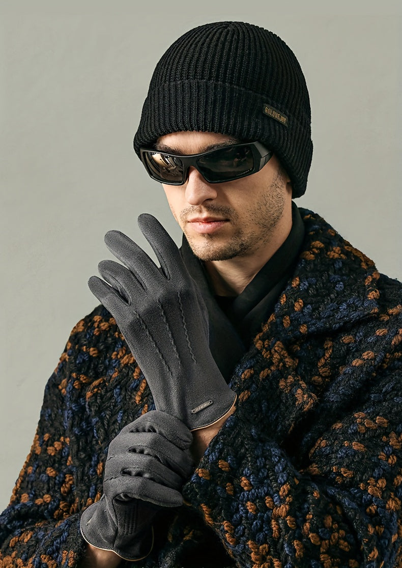 Gants unisexe gris portés avec un manteau à motifs