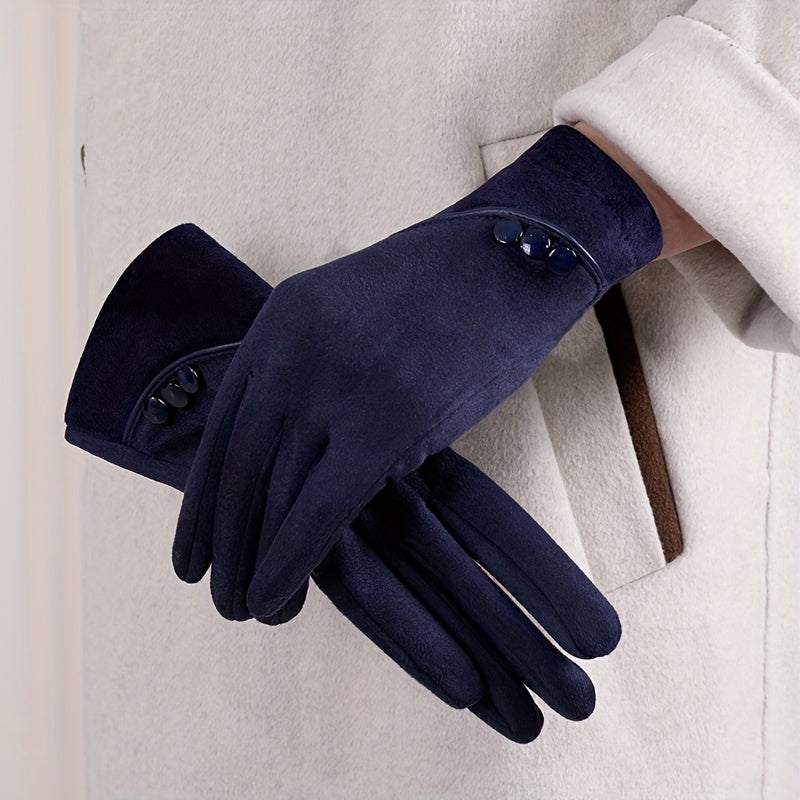 Gants femme bleu marine en suédine, poignet velours et trois boutons