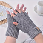 Mitaine femme gris clair demi-doigts en cachemire, motif rayé
