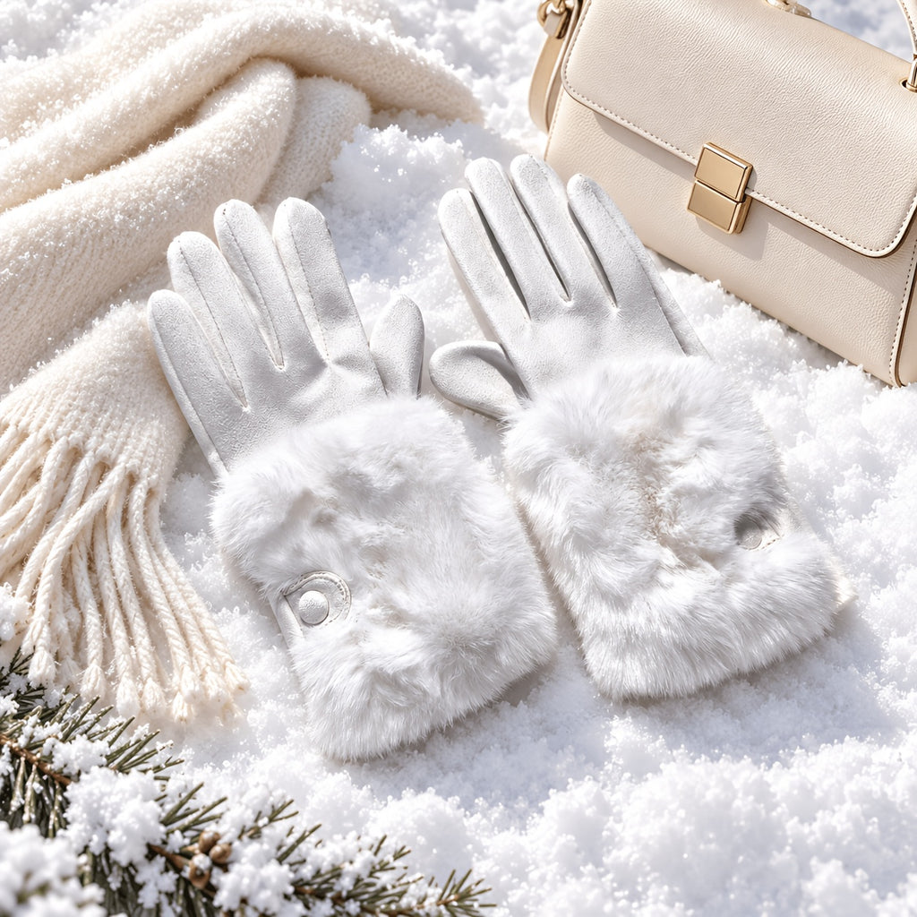 Gants femme blancs à manchette fausse fourrure, avec écharpe et sac crème
