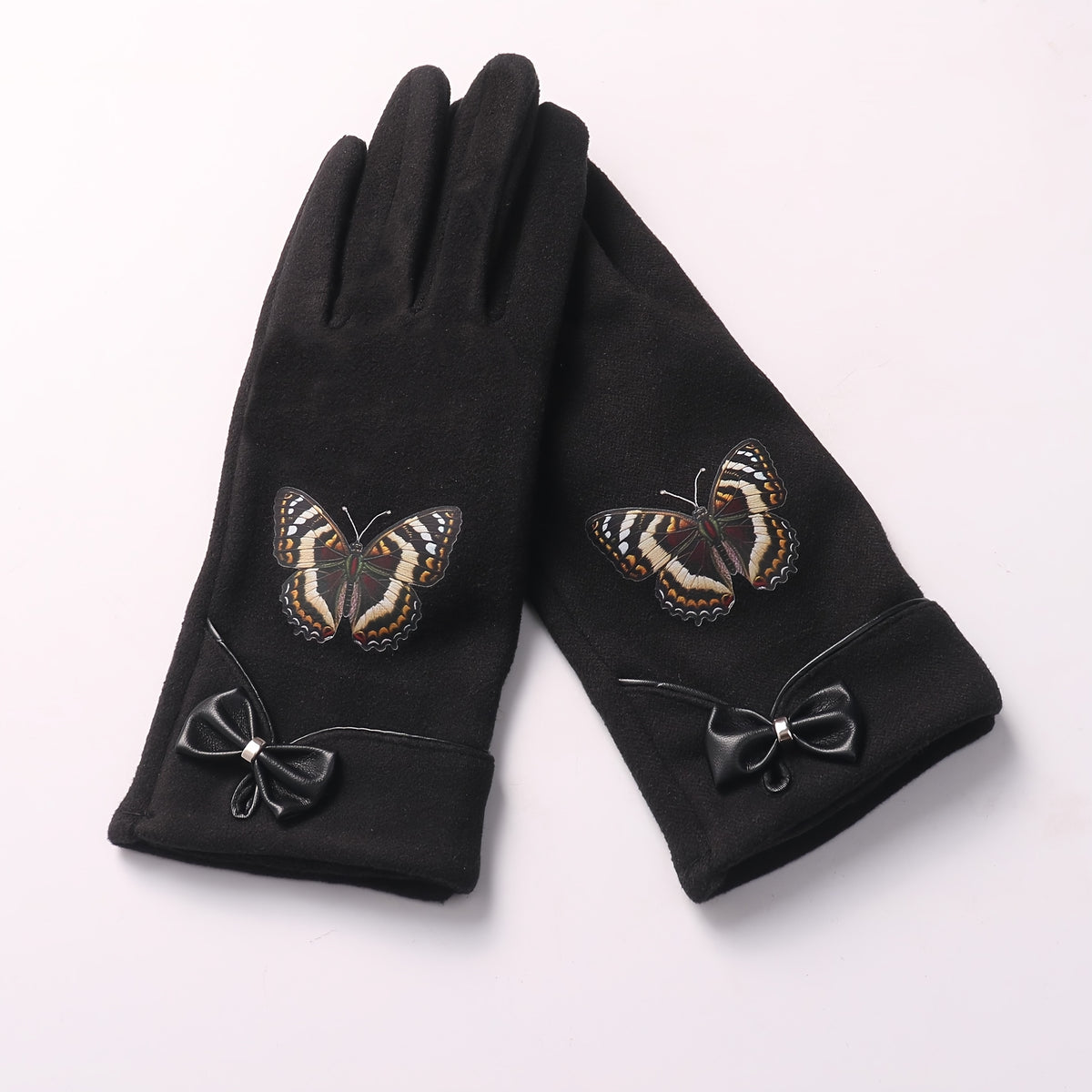 Gant femme noir peluche, motif papillon brodé
