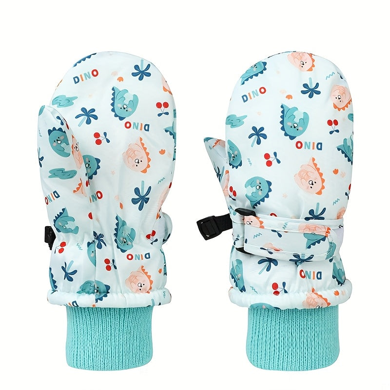 Gants de ski enfant, motif dinosaure vert