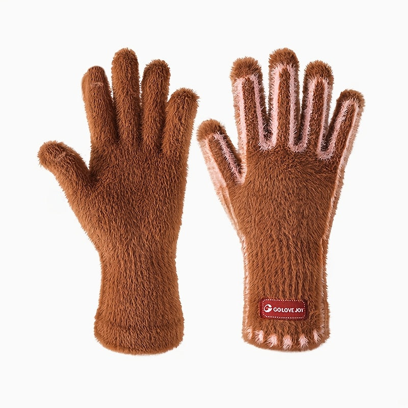 Paire de gants femme marron en peluche, vue à plat recto-verso