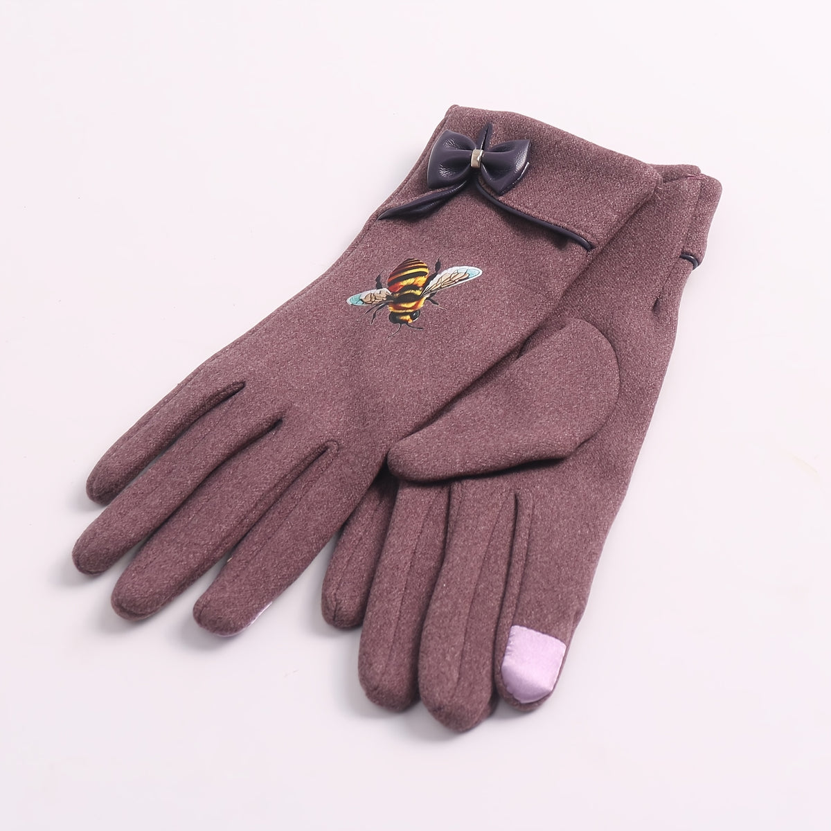 Gants femme peluche, nœud papillon décoratif au poignet