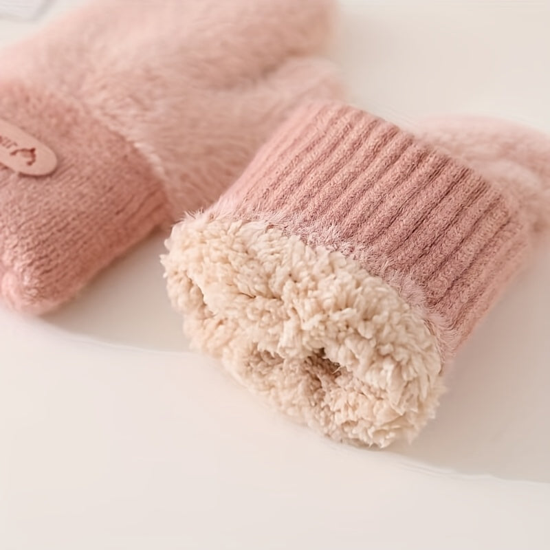 Moufle femme bicolore, gros plan sur la fausse fourrure