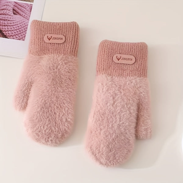 Moufle femme bicolore rose, tricot et fausse fourrure