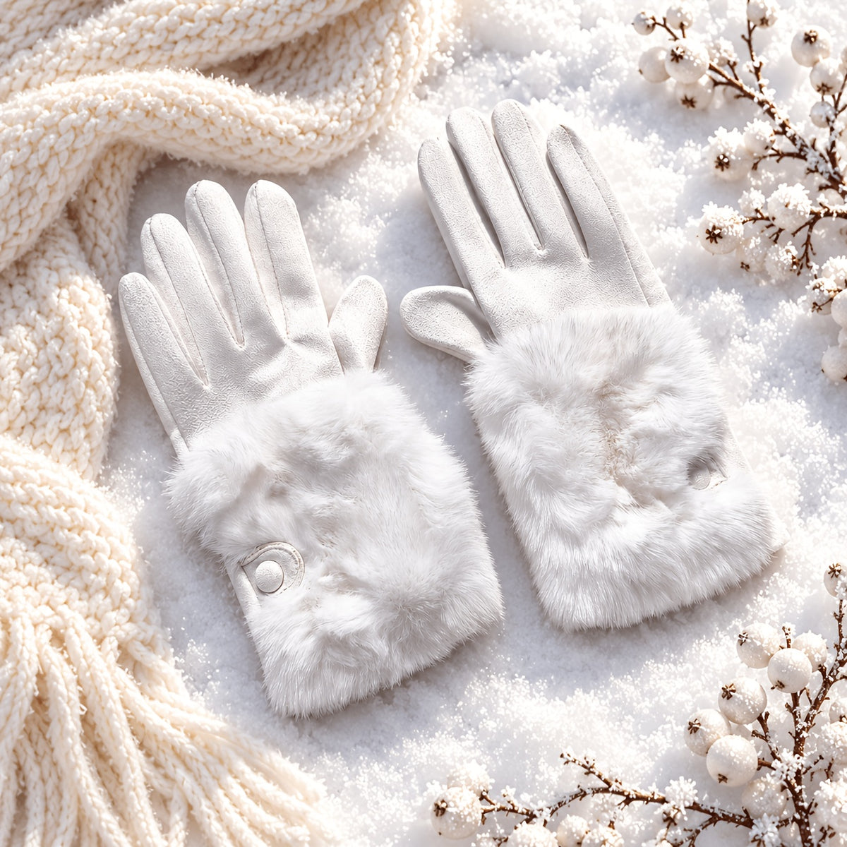 Gants femme blancs à manchette fausse fourrure à côté d'une écharpe en maille