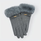 Gants femme coloris gris, col fausse fourrure