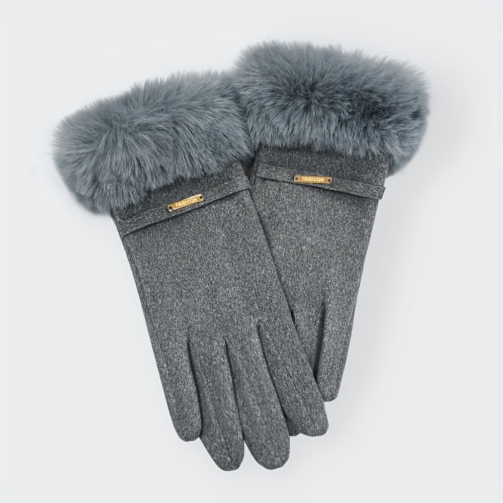 Gants femme coloris gris, col fausse fourrure
