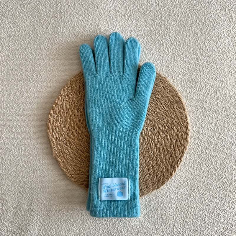 Gant femme long bleu-vert en laine, cinq doigts