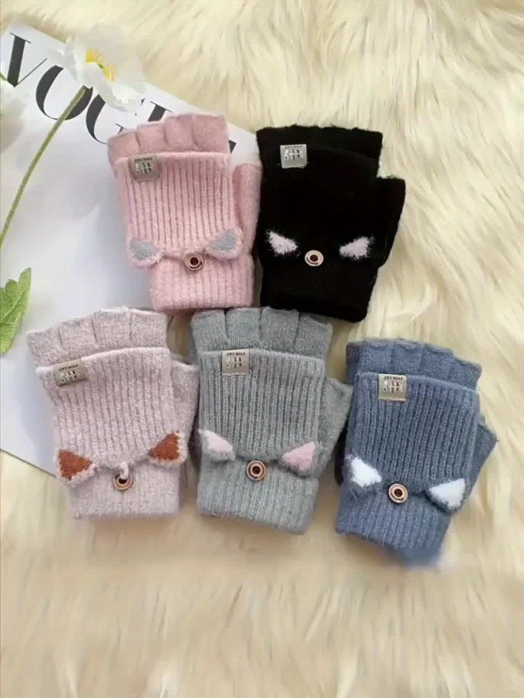 Mitaines enfant oreilles de chat, rabat replié sur les doigts