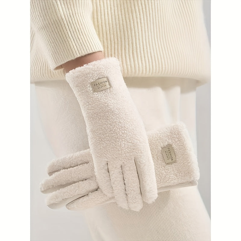 Gants fourrure femme effet teddy crème portés, dos bouclé