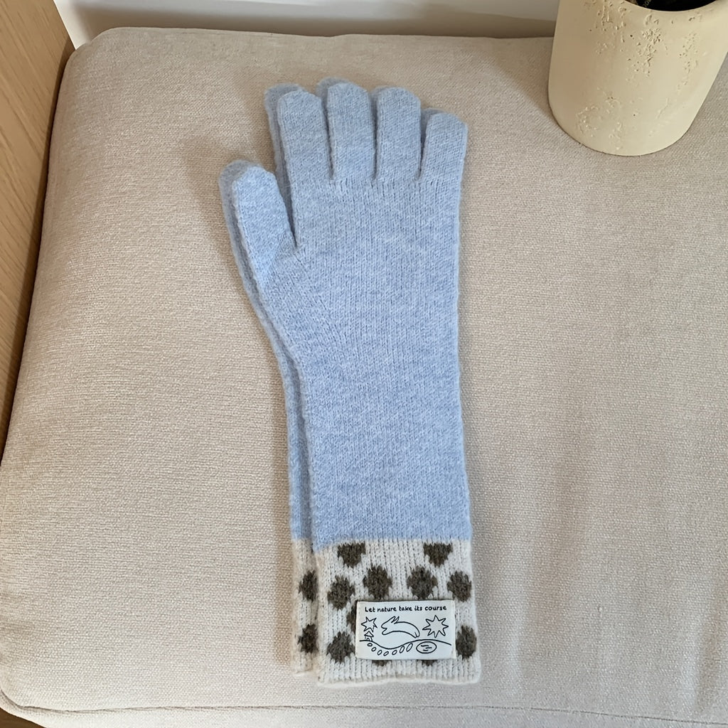 Gant long femme bleu clair, manchette crème à pois marron