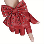 Mitaine femme similicuir rouge, nœud clouté