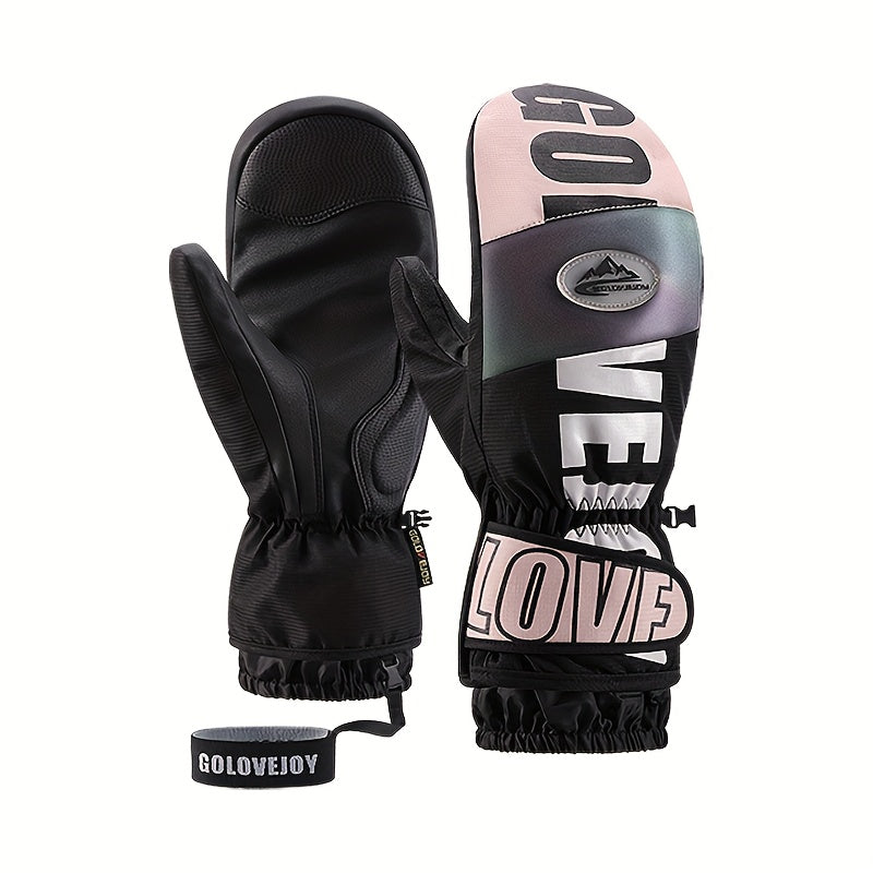 Gants de ski moufle noir et rose, vue de dos et paume