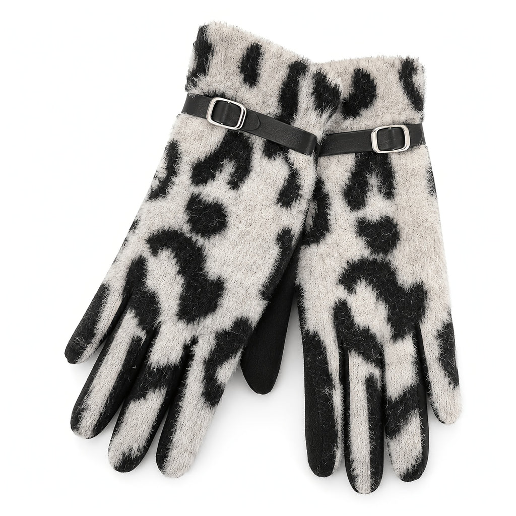 Gants femme léopard beige et noir à plat, bride à boucle au poignet