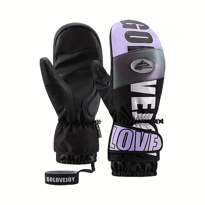 Gants de ski moufle noir et violet, vue de dos et paume