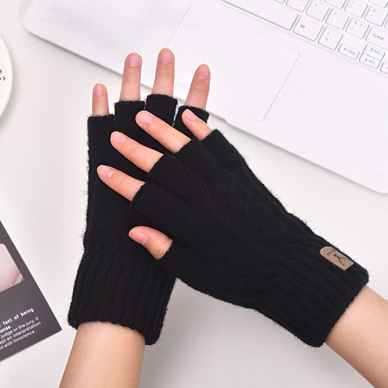 Mitaine femme noir demi-doigts en cachemire, motif rayé