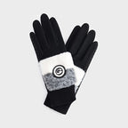 Gants de golf noirs, bordure en fausse fourrure, bouton décoratif au poignet