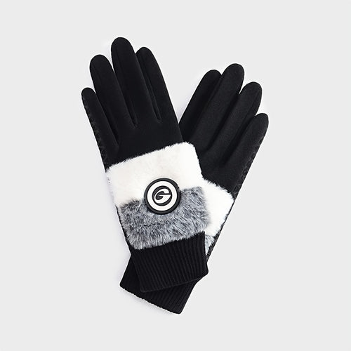 Gants de golf noirs, bordure en fausse fourrure, bouton décoratif au poignet