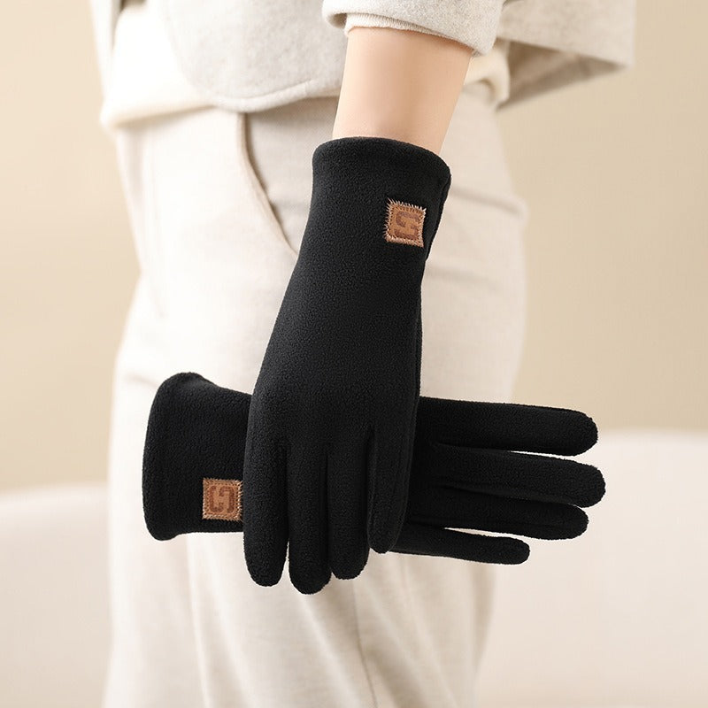 Gants femme polaire noir, badge décoratif