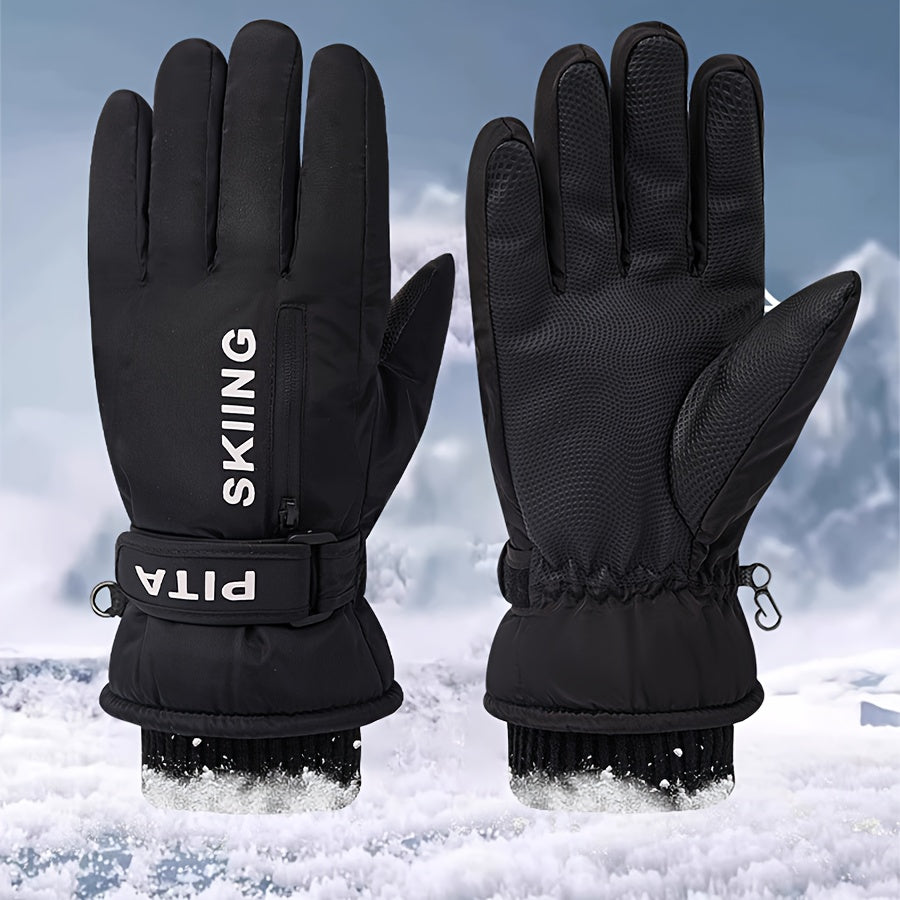 Gants de ski noirs, vue paume texturée et dos avec poche zippée