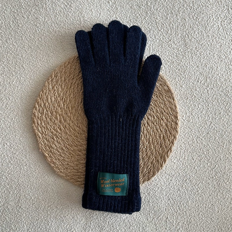 Gant femme long bleu marine en laine, cinq doigts