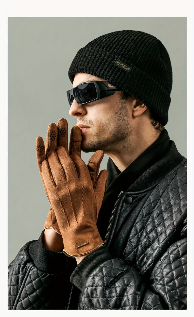 Gants unisexe chameau portés, mains jointes
