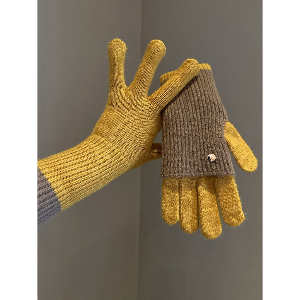 Mitaine femme moka-jaune en laine, color blocking