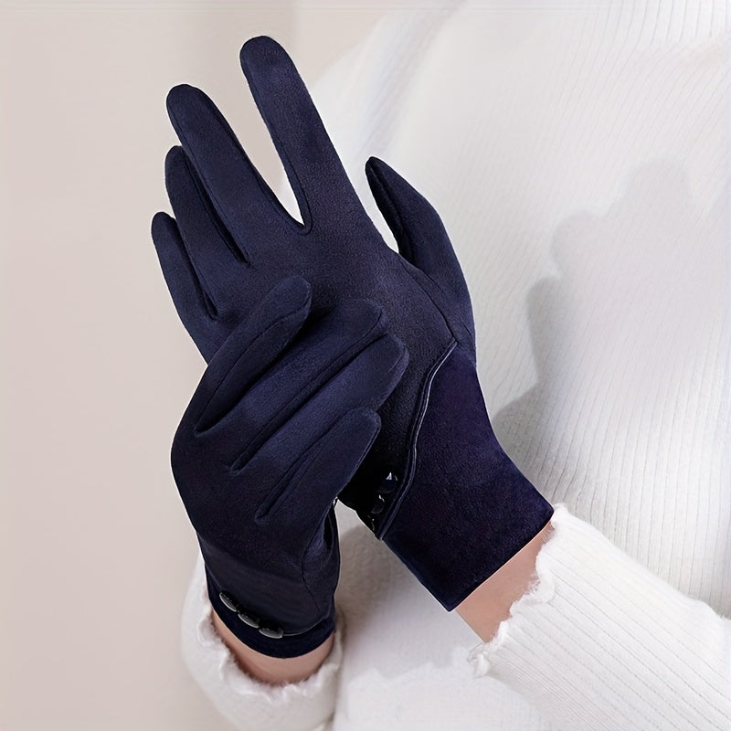 Gants femme bleu marine portés, vue de la paume et du poignet
