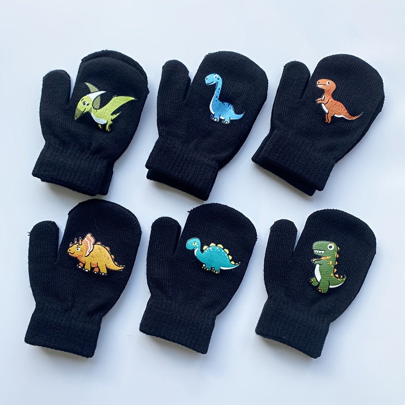 Gants enfant tricotés, motifs dinosaures, vue détail