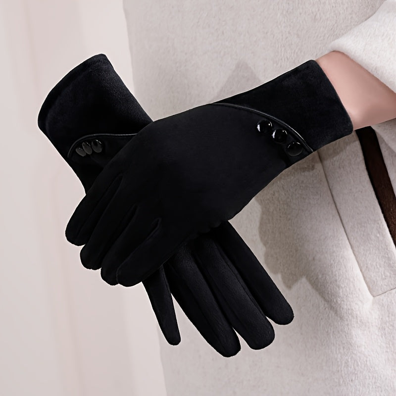 Gants femme noirs en suédine, poignet velours et trois boutons