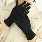 Gant femme noir en laine, maille bouclette au poignet
